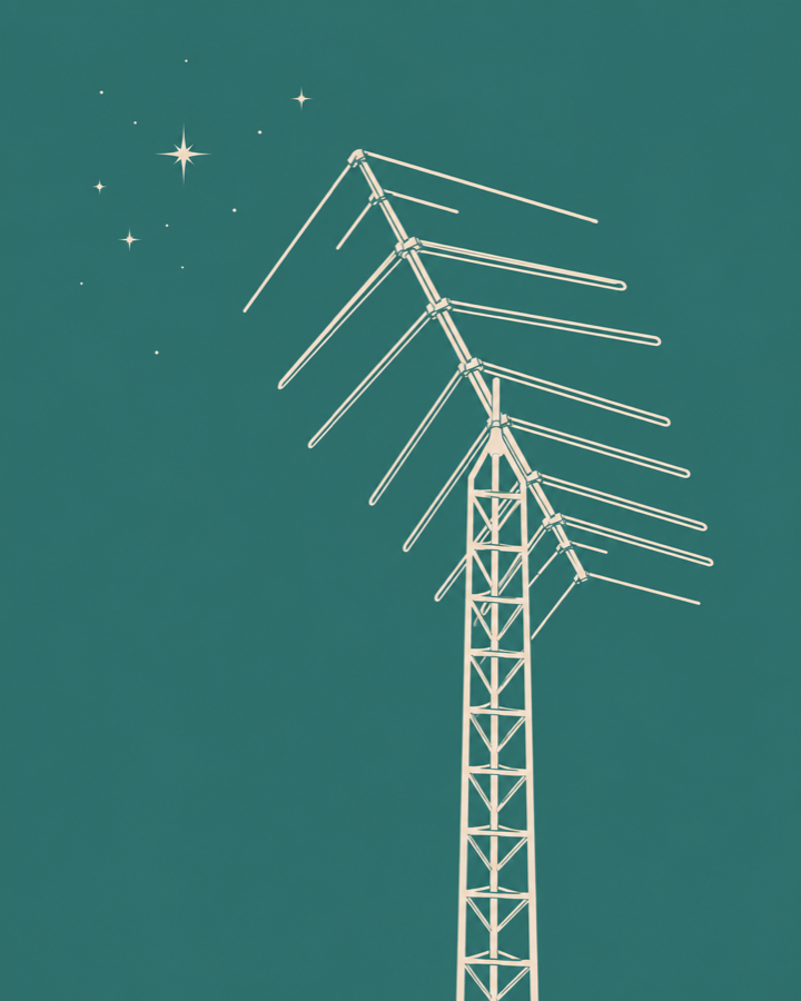 Line drawing of a directional antenna under a starry sky